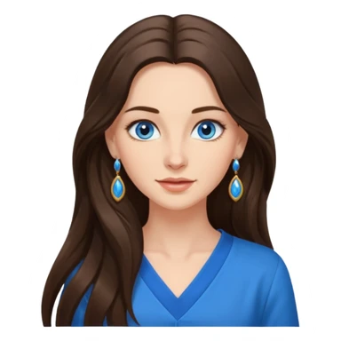 
Create an emoji of a brunette with blue eyes. She should have long hair, stylish clothing, and a friendly facial expression. Add some accessories like earrings or glasses to make the look more interesting. sticker