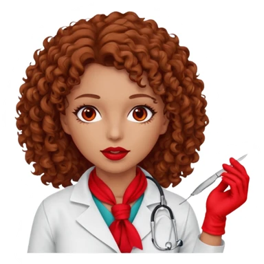Lilith scalpel in hand, evil surgeon sexy surgeon clothes.  She has red eyes.  Hair is long. Hair is brown and curly hair. Wears sexy doctor outfit with red gloves. Sexy surgeon working for Cartel uses scarf to Covers mouth and neck mask  red sticker
