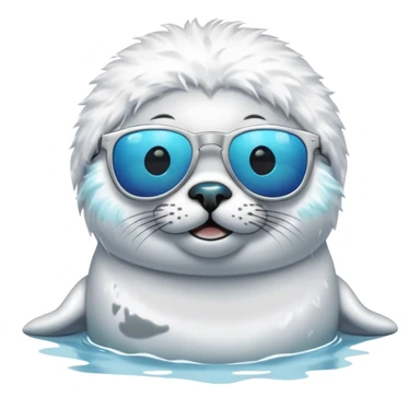 A fluffy, all white, tiny Seal having fun in lake while wearing sunglasses sticker