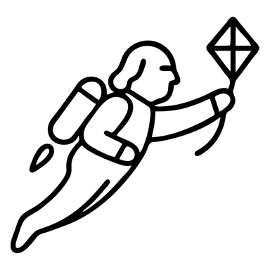 minimalist black outline icon of Ben Franklin flying with a jetpack, left hand holding a small diamond kite, right arm stretched forward as if soaring through the air, startup-vibe logo sticker