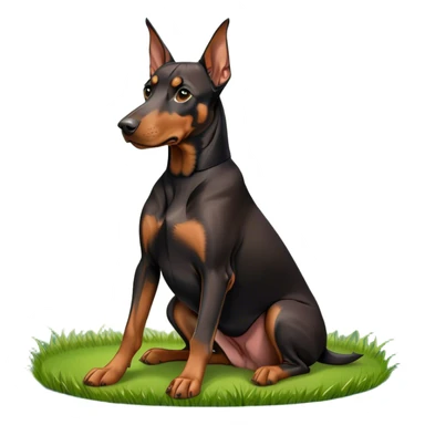 Close-up of a Doberman Pinscher sitting on lush green grass, looking alert and majestic. The background features a beautiful, serene nature view with rolling hills and bright blue skies. The dog’s sleek black and tan coat shines under the sun. Transparent background. sticker