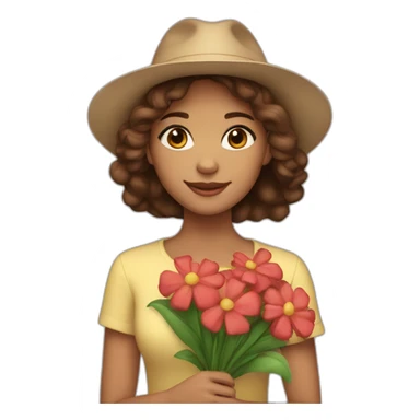 Light skin, Girl with a hat, brown hair straight to the shoulders, holding a bouquet of flowers sticker