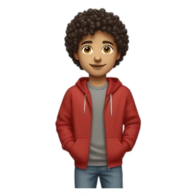 Boy, dark curly hair, brown eyes, red sweatshirt Nike sticker