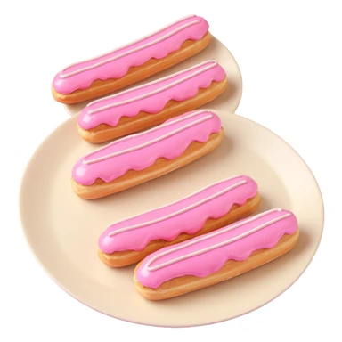 3D iOS-style illustration of three eclairs with pink glaze and cream on a plate, metallic effect, no background. sticker