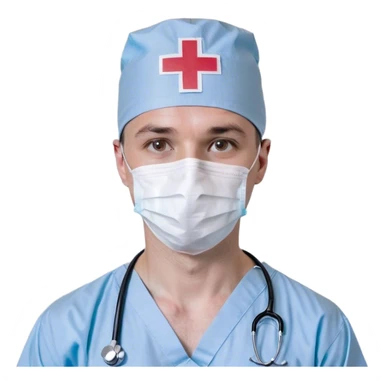 A simple and clean bust of a male surgeon wearing light blue surgical scrubs and a matching surgical cap. A minimalistic white mask covers his mouth and nose, leaving only his focused eyes visible. A small red cross emblem is subtly placed on his chest. A thin, smooth stethoscope drapes around his neck. His expression is calm and professional, reflecting precision and expertise. Behind him, a faint, abstract medical symbol (such as a heartbeat line or a surgical scalpel icon) subtly reinforces the surgical theme. The overall style is modern, sleek, and minimalistic, using smooth lines and soft shading. sticker