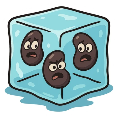 black beans frozen inside an ice cube, stylized, cartoon style, playful vibrant colors sticker