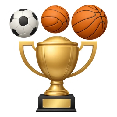a basketball, soccer ball, volleyball, and a football all mixed with one trophy sticker
