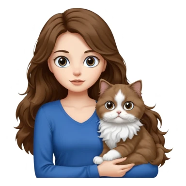 a girl with long wavy ish brown hair with a blue top and black pants holding a white persian cat  sticker