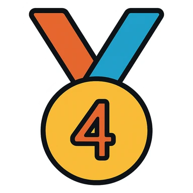 Add gold, bronze, and blue colors to the medal for 4th place with ribbon, keep the number 4 visible, icon style, no background. sticker
