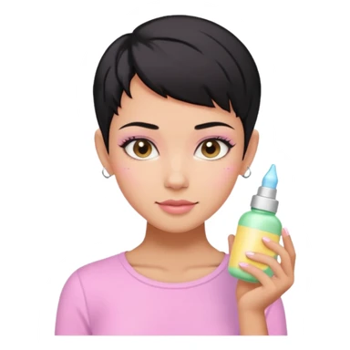 tan girl pink shirt with black hair & a pixie, cut no earrings, doing cute pastel colors skin care sticker