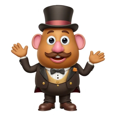Create a 3D Pixar-style Mr. Potato Head character with a rounded, slightly uneven shape, expressive eyes, a wide smile, and cartoonish limbs, dressed in a victorian suit and top hat sticker