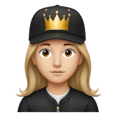 Wearing a black baseball cap turned backwards, with the brim facing the back. The crown is tilted slightly forward. Hair is long and loose. sticker
