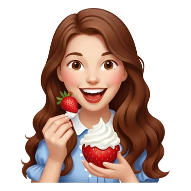 Girl with long brown hair eating strawberries and whipped cream, laughing elegant  sticker