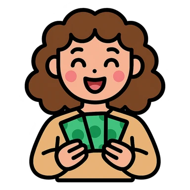 girl with rummy hair in beige sweater happy with money in hands sticker