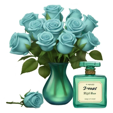 Aesthetic composition of soft blue roses with a vintage-style green  perfume bottle.
 sticker