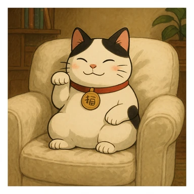 White and black Chinese lucky cat on a cozy white armchair  sticker