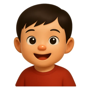 Edit the cute Asian baby boy emoji by changing the shirt to muted red while keeping the rest unchanged. Use a soft glossy texture and make it about 80% realistic. No background. sticker