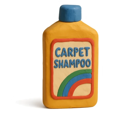 carpet shampoo bottle with blue cap and colorful label, soft lighting, claymation style sticker