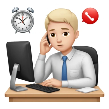 man sitting at his workplace, working hard, very tired, focused face sticker