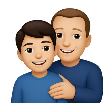 Make the son a 15 year old with dark brown hair, and the father a 39 year old good looking man with a crooked hairline, in the style of apple emojis. The style is colorful, simple, and iconic like apple emoji style. sticker