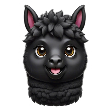 Cinematic Comical Black Alpaca Portrait Emoji, Head tilted dramatically with an exaggeratedly amused expression, featuring a striking jet-black fleece with playful texture, wide, expressive dark eyes filled with playful disbelief, Simplified yet hilariously expressive features, highly detailed, glowing with a slightly sassy glow, high shine, dramatic yet playful, stylized with an air of cheeky mischief, bright and endearing, soft glowing outline, capturing the essence of a spirited and over-the-top alpaca, so meme-worthy it feels like it could side-eye its way into internet fame instantly! sticker