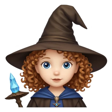 Cute toddler with curly light brown hair and blue eyes wearing a witch hat sticker