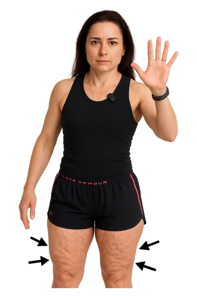 Donna con cellulite sulle cosce indica le cosce che sono infiammate di cellulite con frecce ad indicare  senza mano alzata come in foto. sticker