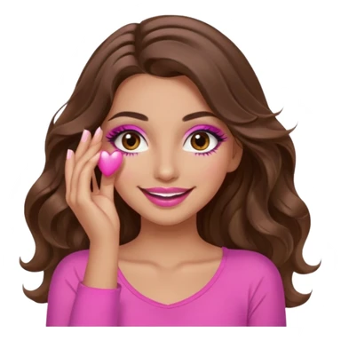 girl with long wavy brown hair, brown eyes, long lashes makeup, sexy pink lips, light to medium complexion, wearing a pink sexy top, smiling, hands covering over the eyes sticker