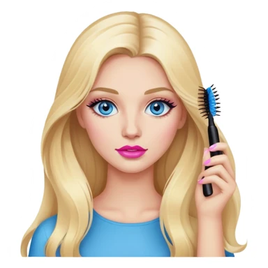 Blonde woman with long hair, blue eyes and pink lips holding mascara in her hands sticker