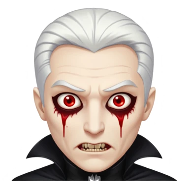 Creat a young man Vampire with white skin and white hair "make him have slide back hair" and full black vampire clothes and bloody eyes and long fangs and scary dead eyes and silver logo on his neck sticker