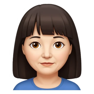 60 yr old woman, very small brown eyes, long straight dark brown hair, bangs, chubby, long face sticker