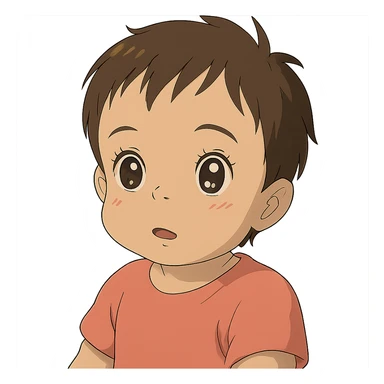 one year old baby with short brown hair, large brown eyes with eyelashes, brown eyebrows, pink lips, transparent background sticker