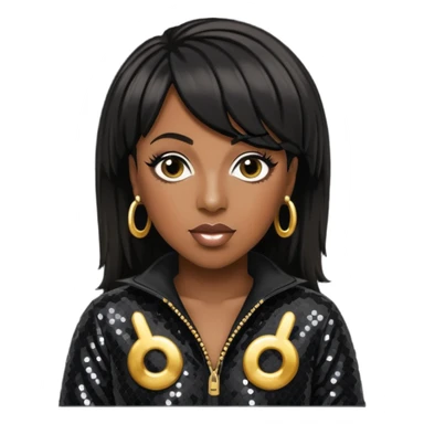 Missy Elliott with black hair, black sequin jumpsuit sticker