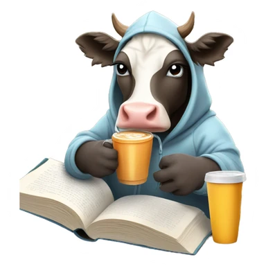 cow wearing a hoodie and sweat pants drinking an ice coffee and reading a book sticker