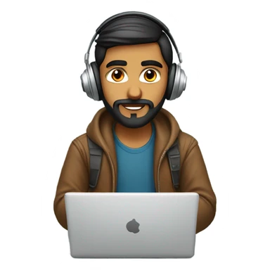 A handsome and intelligent looking indian boy having beard . Having the headphones on coding in hist laptop sticker
