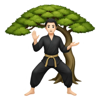 pratiquant de qi gong, homme aux cheveux long, en position de l'arbre, en tenue noire ou blanche. L'image ne contiendra pas d'arbre sticker