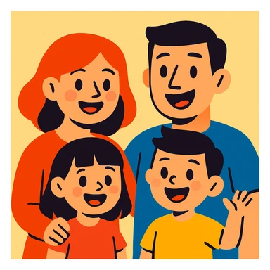 a family of four, cartoon style, smiling, simple background sticker