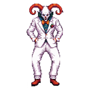 full-body demonic clown in a white leisure suit with bellbottom pants, bald, black ram horns, wearing elevator shoes sticker