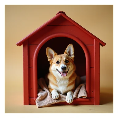 realistic red dog house with a Corgi dog inside, Corgi with a blanket, photorealistic style sticker