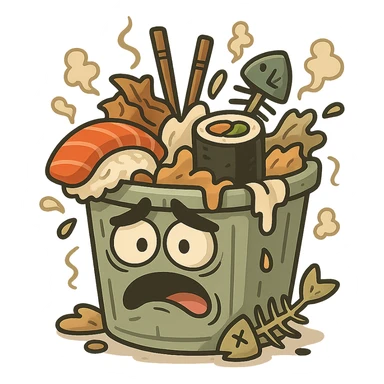 cartoonish sushi trash in flat toon style sticker