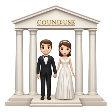 A 3D cartoon courthouse wedding venue with a bride and groom standing at the entrance, elegant white columns, soft natural lighting, simple modern decor, minimal background, realistic Memoji-style rendering. sticker