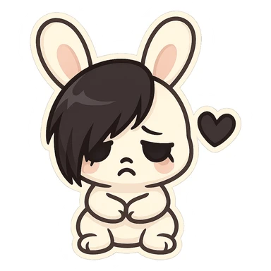 chibi sticker-style bunny with an emo face, black heart accent, cute and exaggerated sticker