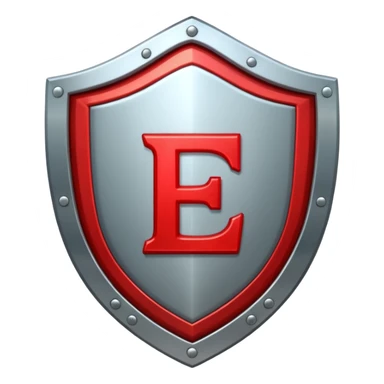 a metallic shield with a red letter "E" sticker