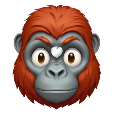 red haired gorilla head with white heart, apple style emoji, no text, slightly different expression sticker