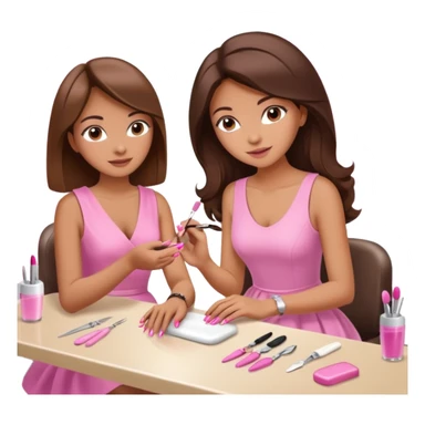 A realistic illustration of a girl with medium-length thick brown hair sitting at a manicure table. Another girl is carefully doing her nails, using professional manicure tools. Soft natural lighting, clean salon environment, detailed hands and nail work, warm and pleasant atmosphere. sticker