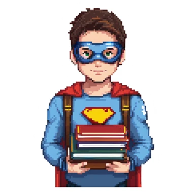 student with superhero mask and books sticker
