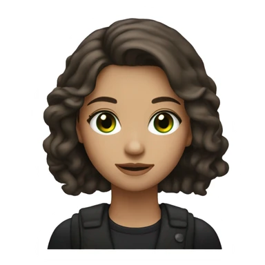 A girl with brown hair, green eyes, a slight smile, wearing small silver earrings. Dressed predominantly in dark clothing, especially black. sticker