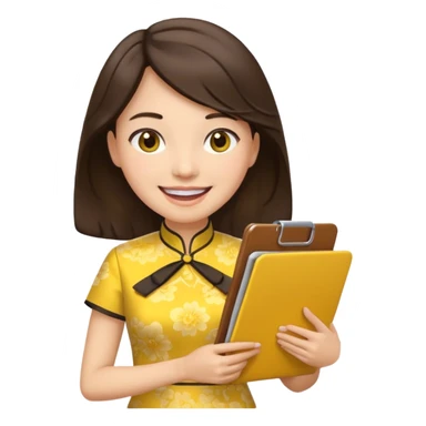 Teacher emoji but : wavy (not straight) dark brown hair, light skin, no glasses, dark eyes, with a computer folder in the hand (color is yellow), being a teacher, wearing a chinese qipao ( dark blue), smile with teeth




 sticker