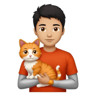 Indian Brown guy with black hair in red t-shit with orange cat sticker