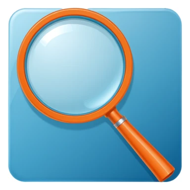 A stylized blue magnifying glass tilted right, flat design, minimalist, vibrant orange handle, white circular background, high resolution, 2048x2048 pixels, vector art, clean lines sticker